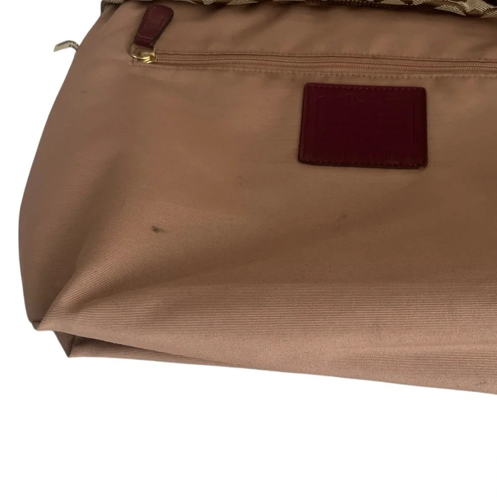 Coach Signature Stripe Khaki Brown Canvas Tote Bag Burgundy Leather Trim F28504